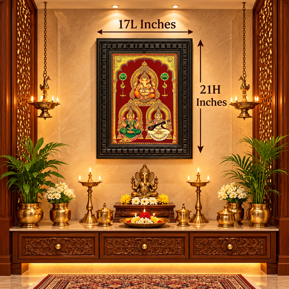 3 Gods in One Frame Gold Leaf Art | Ganesha, Lakshmi & Saraswati | Waterproof Wooden Frame – Estudio