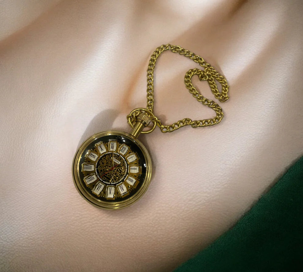 Vintage Brass Pocket Watch - Tempus Fugit With Wooden box