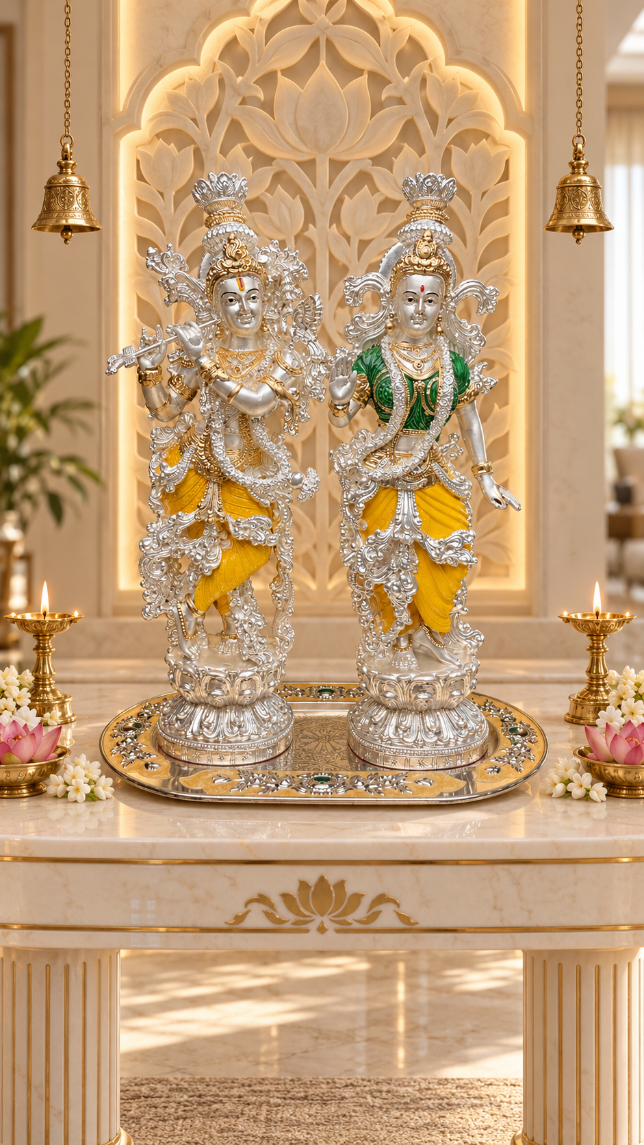 Silver-Plated Radha Krishna Idol Pair, 14.5″ Each | Estudio