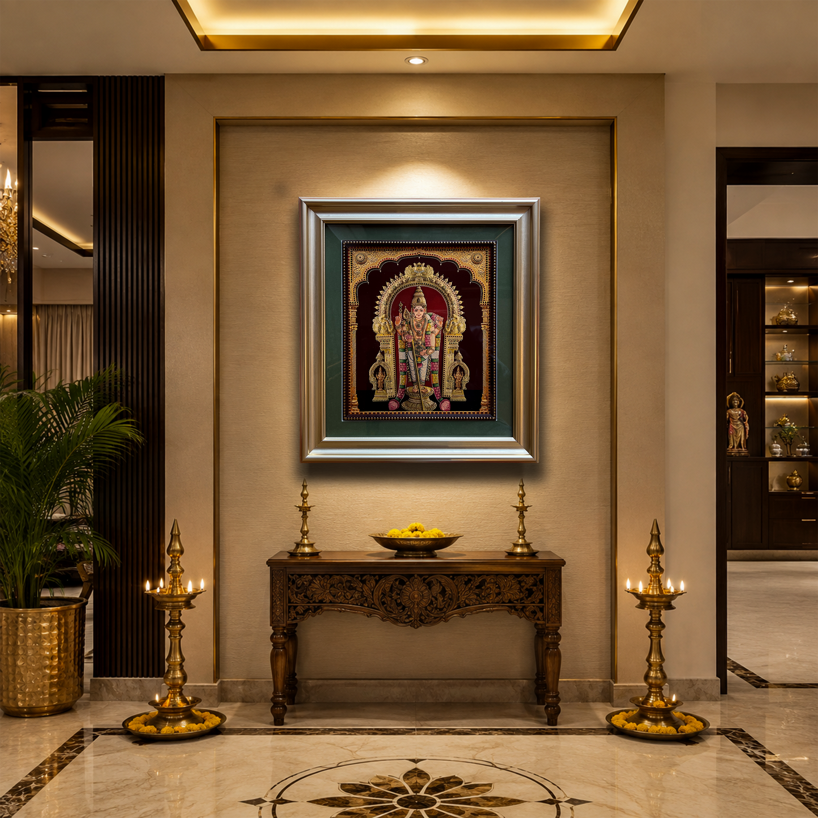 Tiruchendur Murugan Gold Leaf Artwork | Luxury Gold Resin Frame with Green Mount & Inner Beading