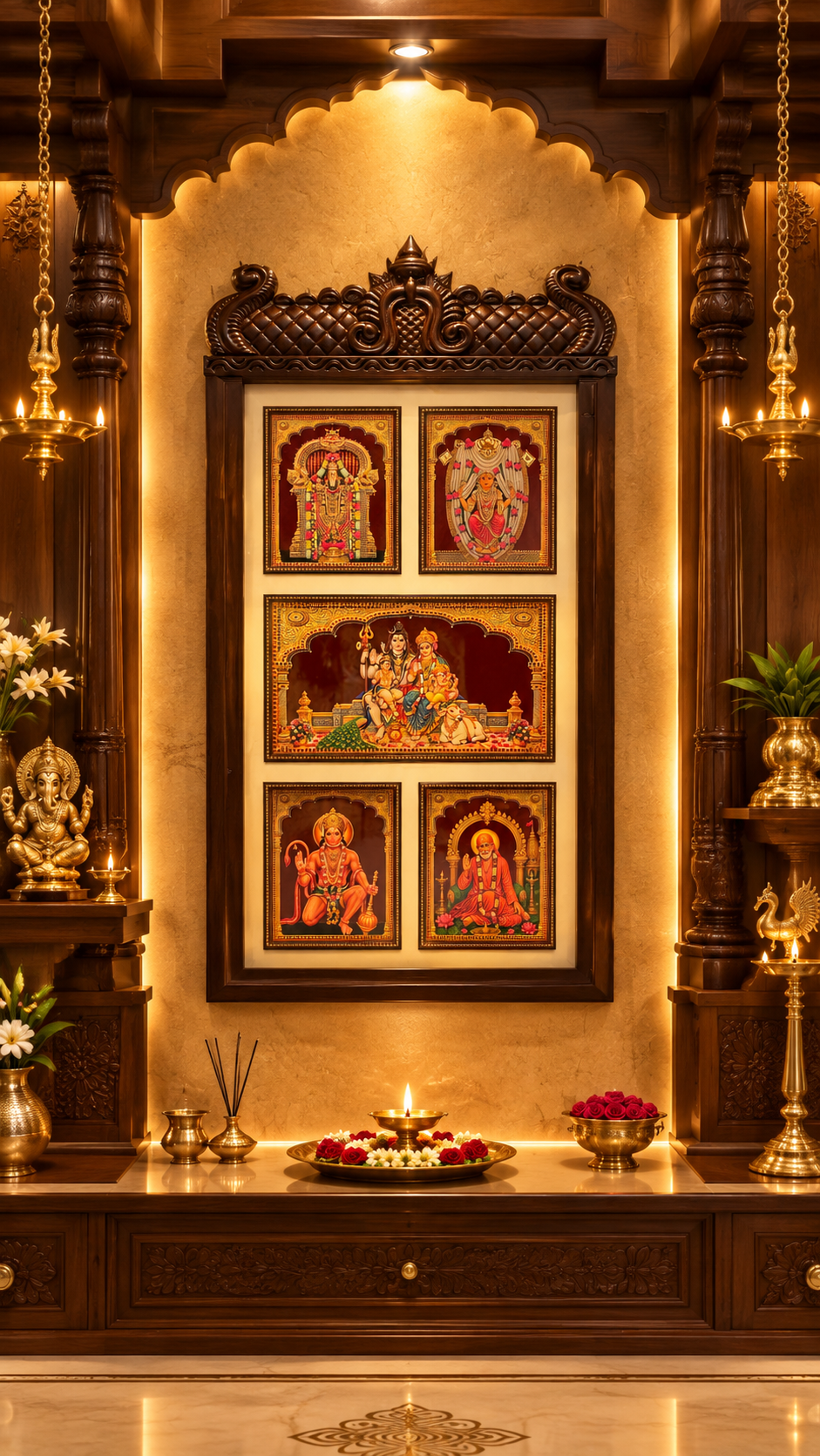 5 Gods in One Frame Gold Leaf Art with Temple Style Engineered Wooden Frame
