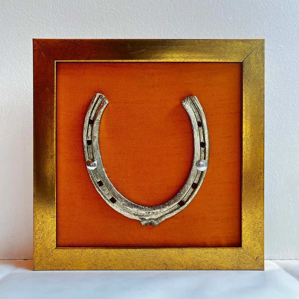 Good Luck Brass Horse Shoe with wine red silk background