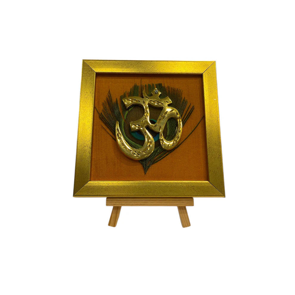 Brass Om on Peacock Feather & Violet Silk with display stand