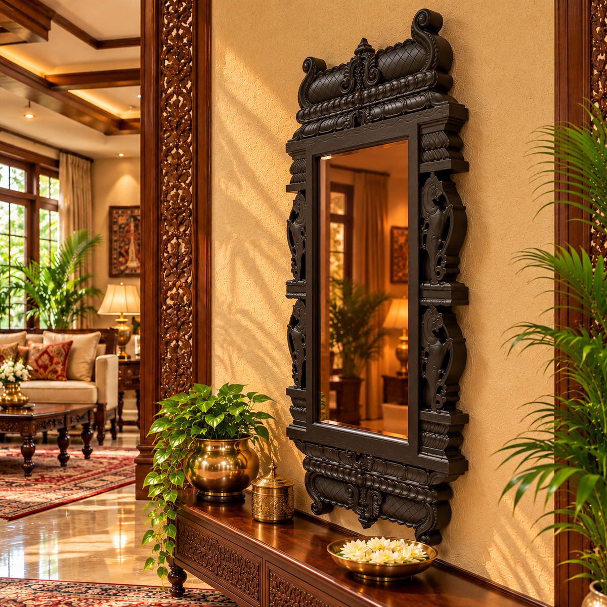 Copper Acrylic Mirror with Yali-Inspired Temple Frame | Traditional Wall Mirror in Waterproof Engineered Wood | ESTUDIO