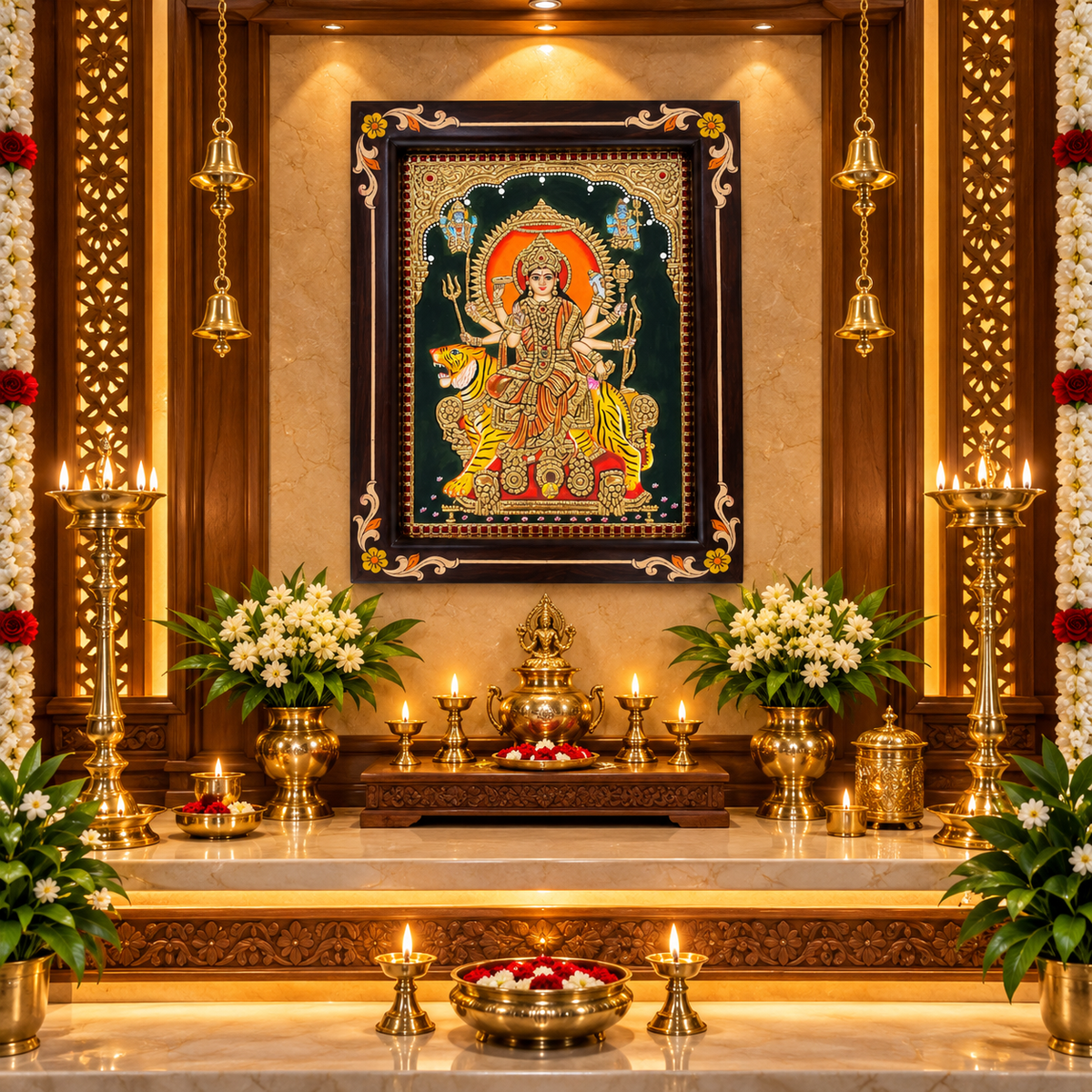 Durga Devi Original Hand-Painted Tanjore Painting | Premium Rosewood Frame | Traditional Divine Wall Art by ESTUDIO
