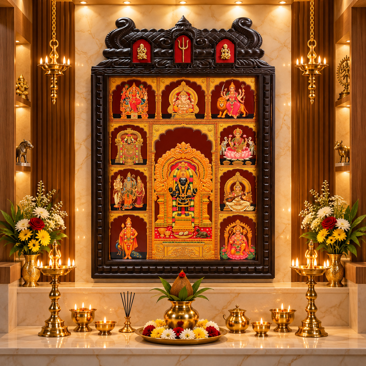 Kalabhairava Premium Gold Leaf Artwork with Ganesha, Saraswati & Trishulam | Traditional Temple Style Engineered Wooden Frame | Made by ESTUDIO