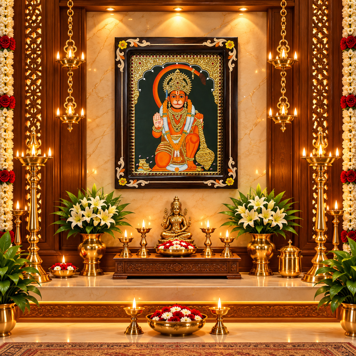 Lord Hanuman Original Hand-Painted Tanjore Painting | Premium Rosewood Frame | Divine Bajrangbali Wall Art by ESTUDIO