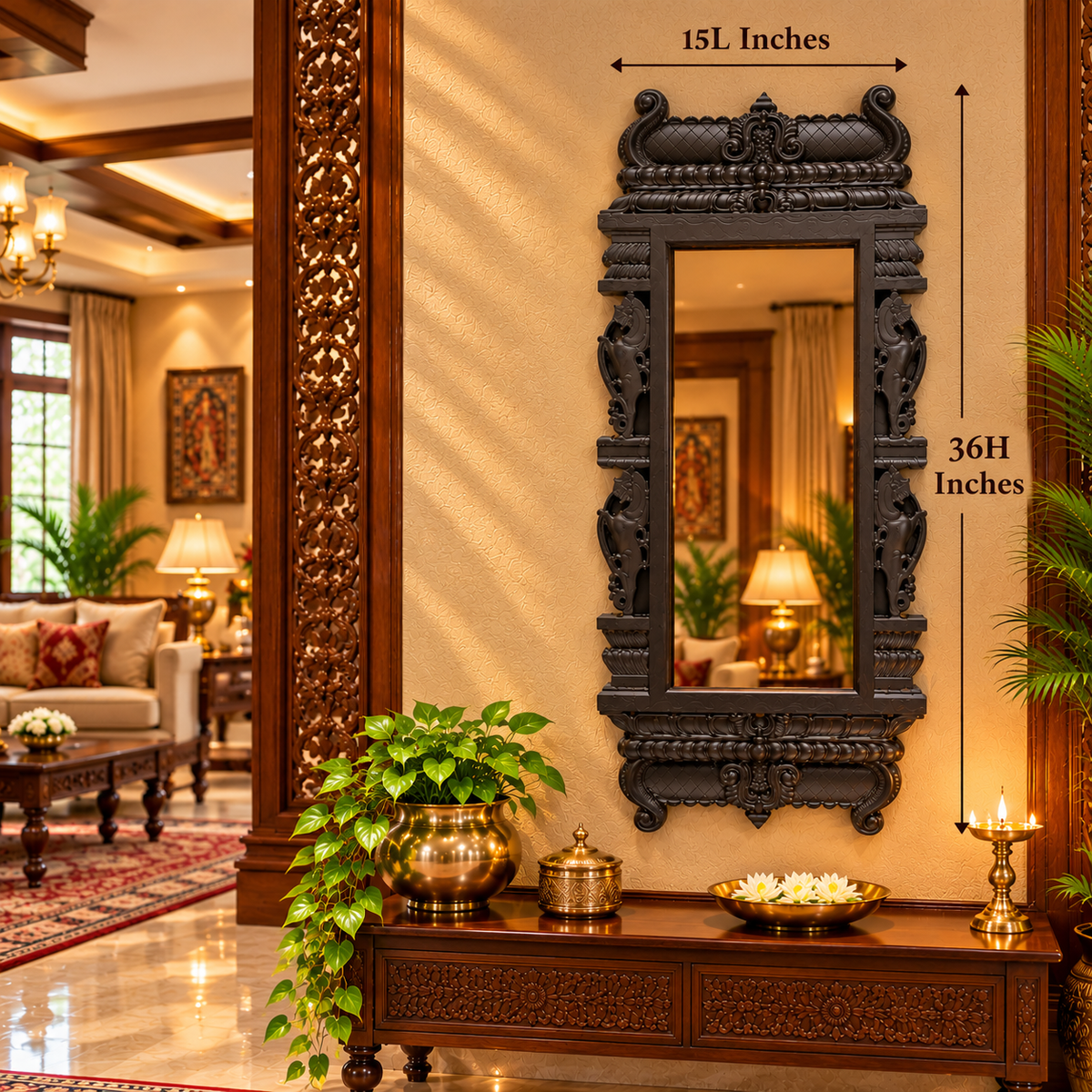 Copper Acrylic Mirror with Yali-Inspired Temple Frame | Traditional Wall Mirror in Waterproof Engineered Wood | ESTUDIO