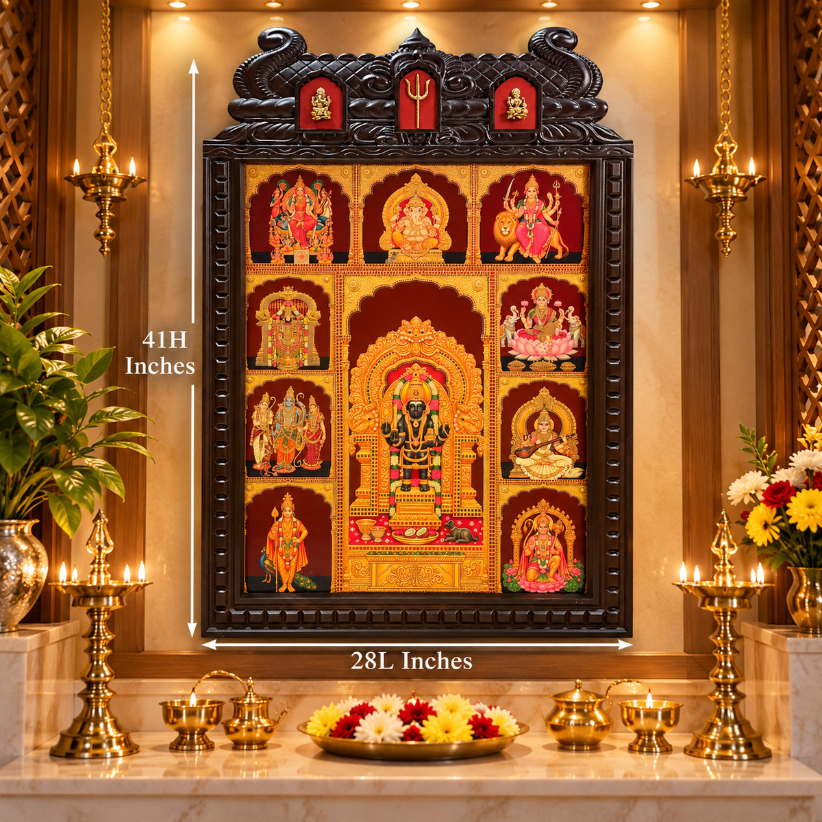Kalabhairava Premium Gold Leaf Artwork with Ganesha, Saraswati & Trishulam | Traditional Temple Style Engineered Wooden Frame | Made by ESTUDIO