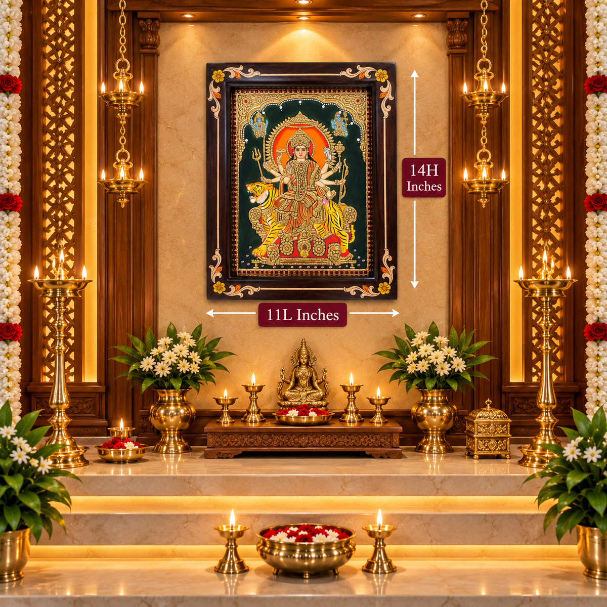 Durga Devi Original Hand-Painted Tanjore Painting | Premium Rosewood Frame | Traditional Divine Wall Art by ESTUDIO