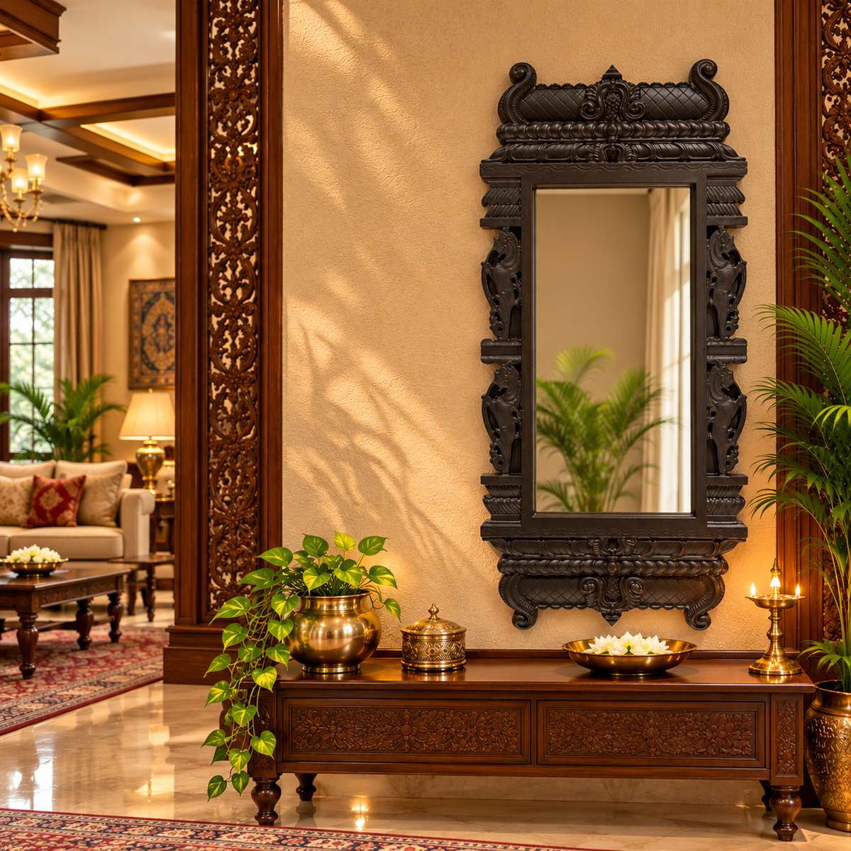 Regular Acrylic Mirror with Yali-Inspired Temple Frame | Traditional Wall Mirror in Waterproof Engineered Wood | ESTUDIO