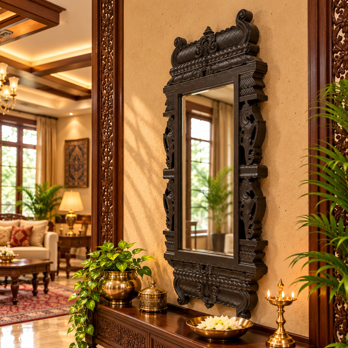Regular Acrylic Mirror with Yali-Inspired Temple Frame | Traditional Wall Mirror in Waterproof Engineered Wood | ESTUDIO