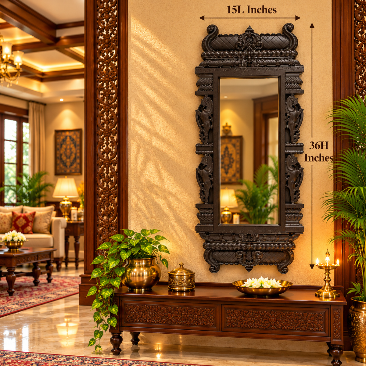 Regular Acrylic Mirror with Yali-Inspired Temple Frame | Traditional Wall Mirror in Waterproof Engineered Wood | ESTUDIO