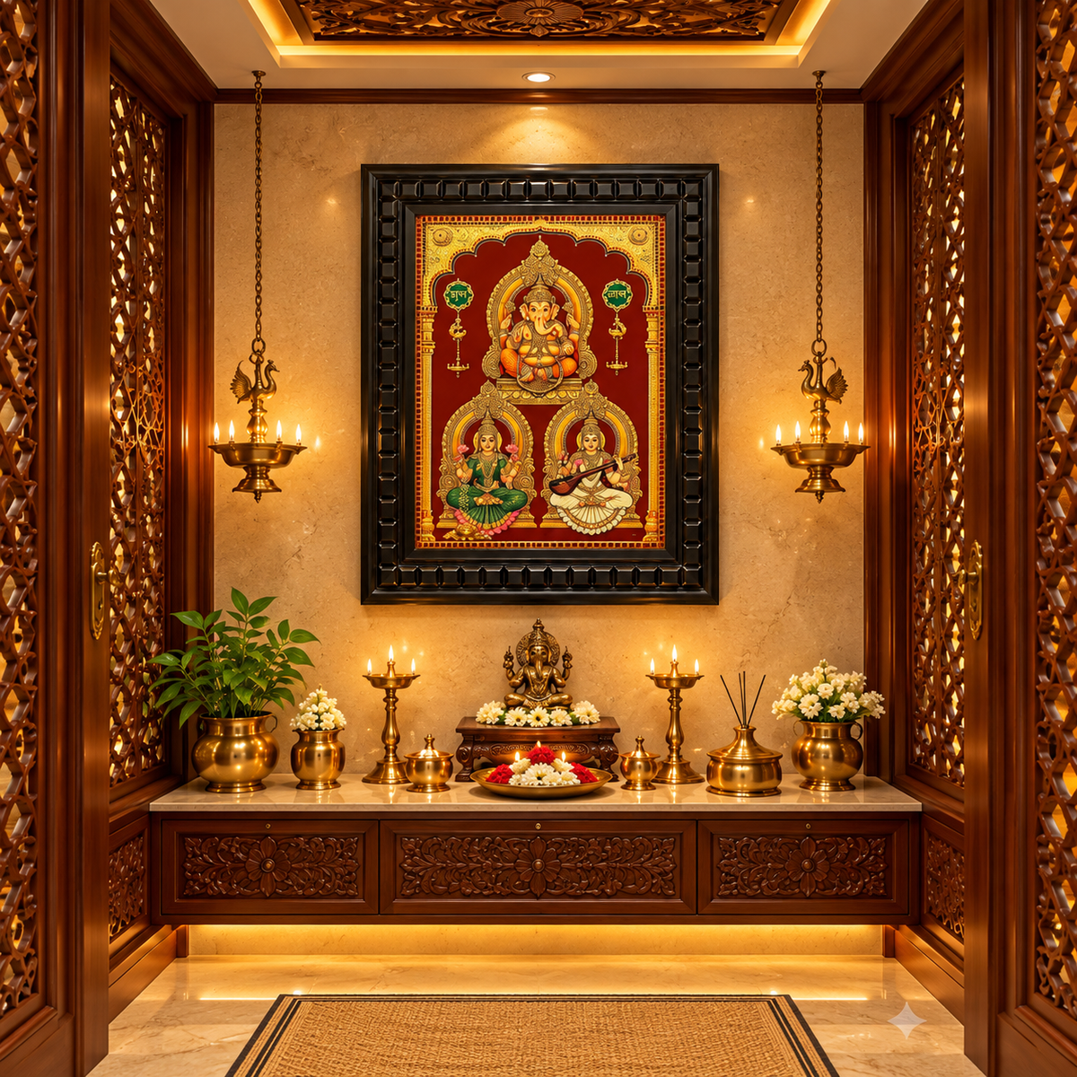 3 Gods in One Frame Gold Leaf Art | Ganesha, Lakshmi & Saraswati | Waterproof Wooden Frame – Estudio
