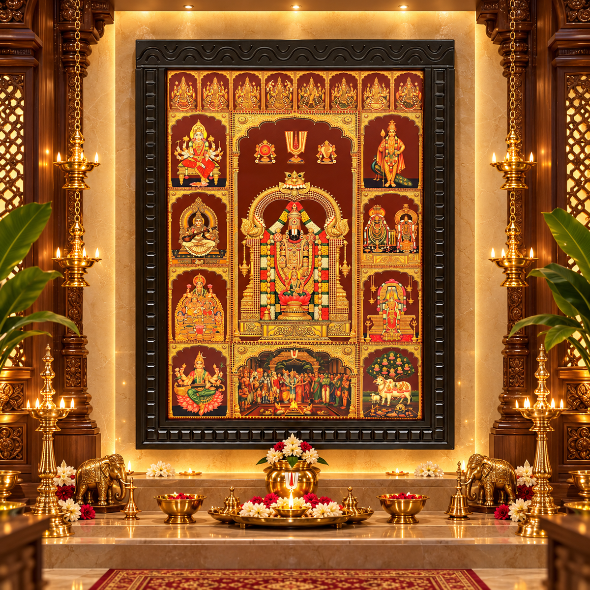 10 Gods in One Frame with 8 Ashtalakshmi | Premium Gold Leaf Art | Engineered Waterproof Wooden Temple Frame | ESTUDIO