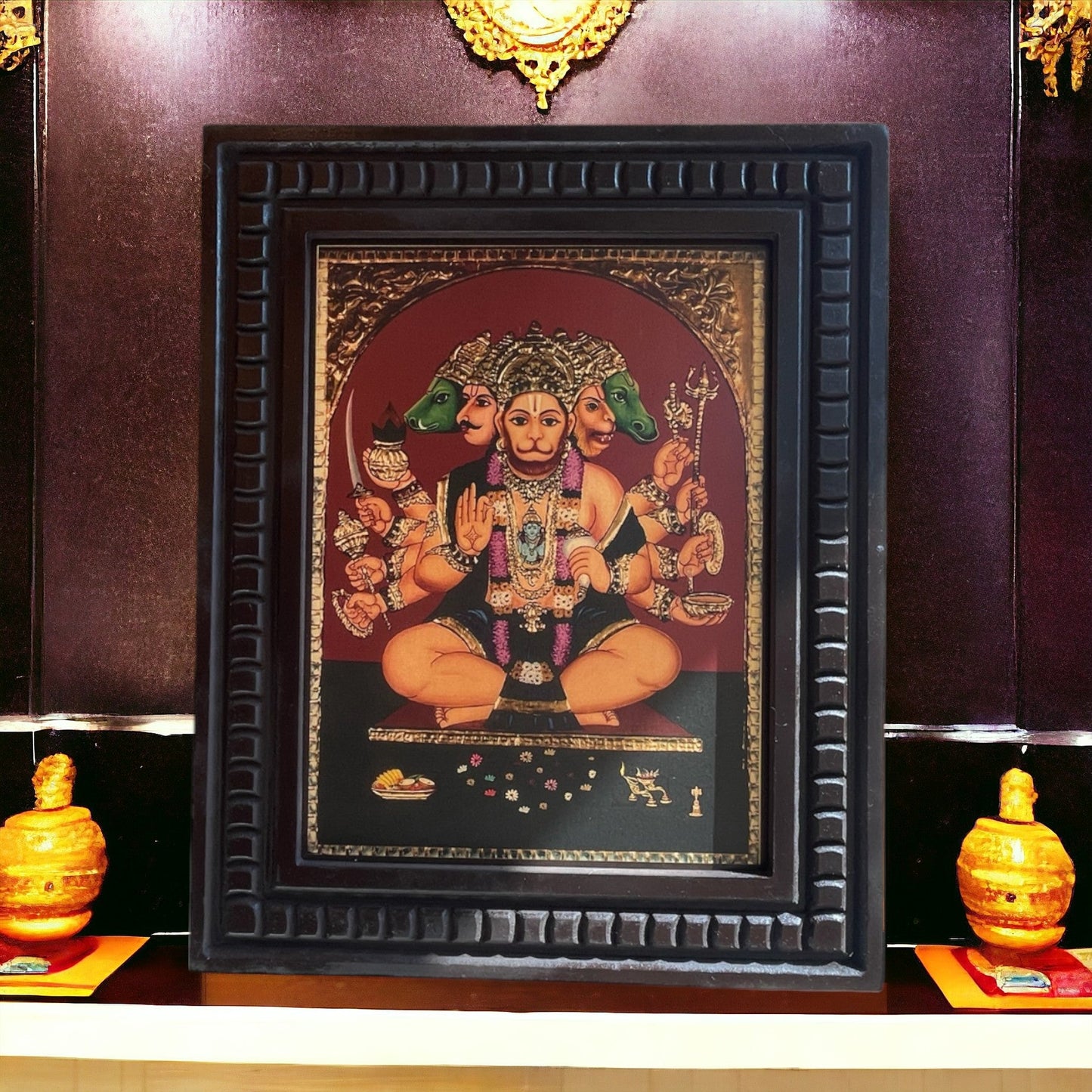 Gold Leafed Art Panchmukhi Hanuman With Wooden Frame