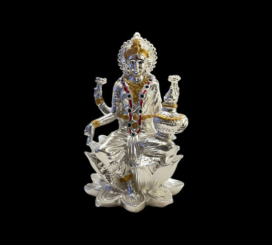 Silver Lakshmi Idol Seated on a Lotus