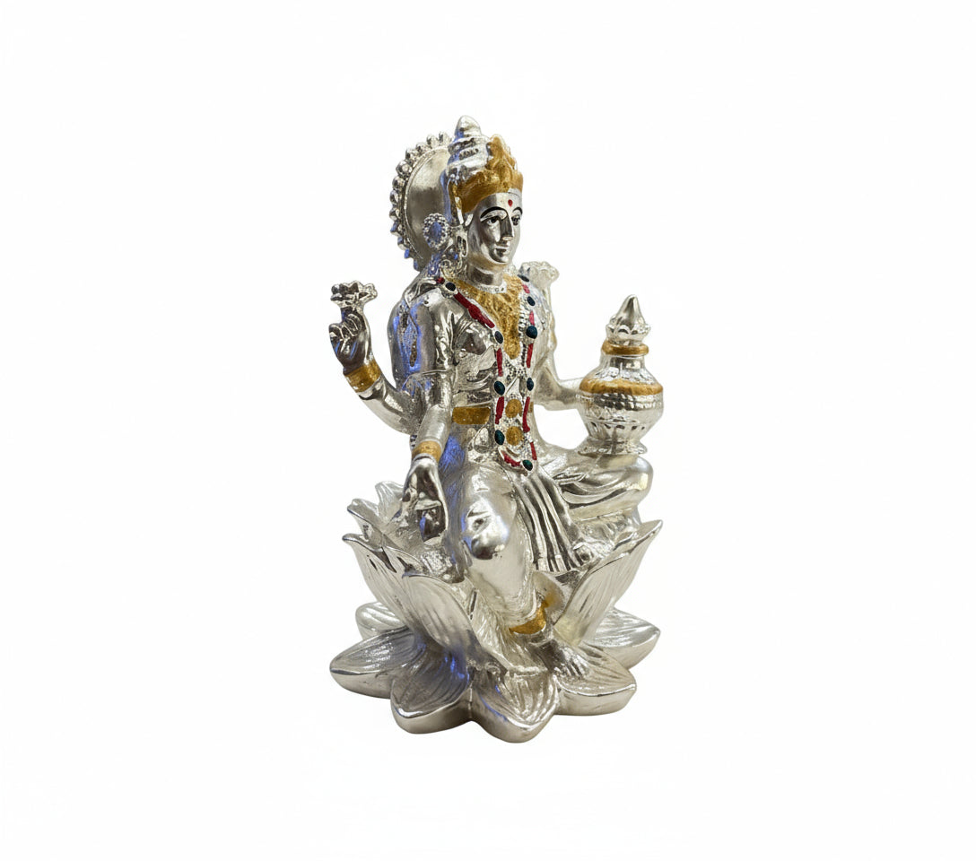 Silver Lakshmi Idol Seated on a Lotus