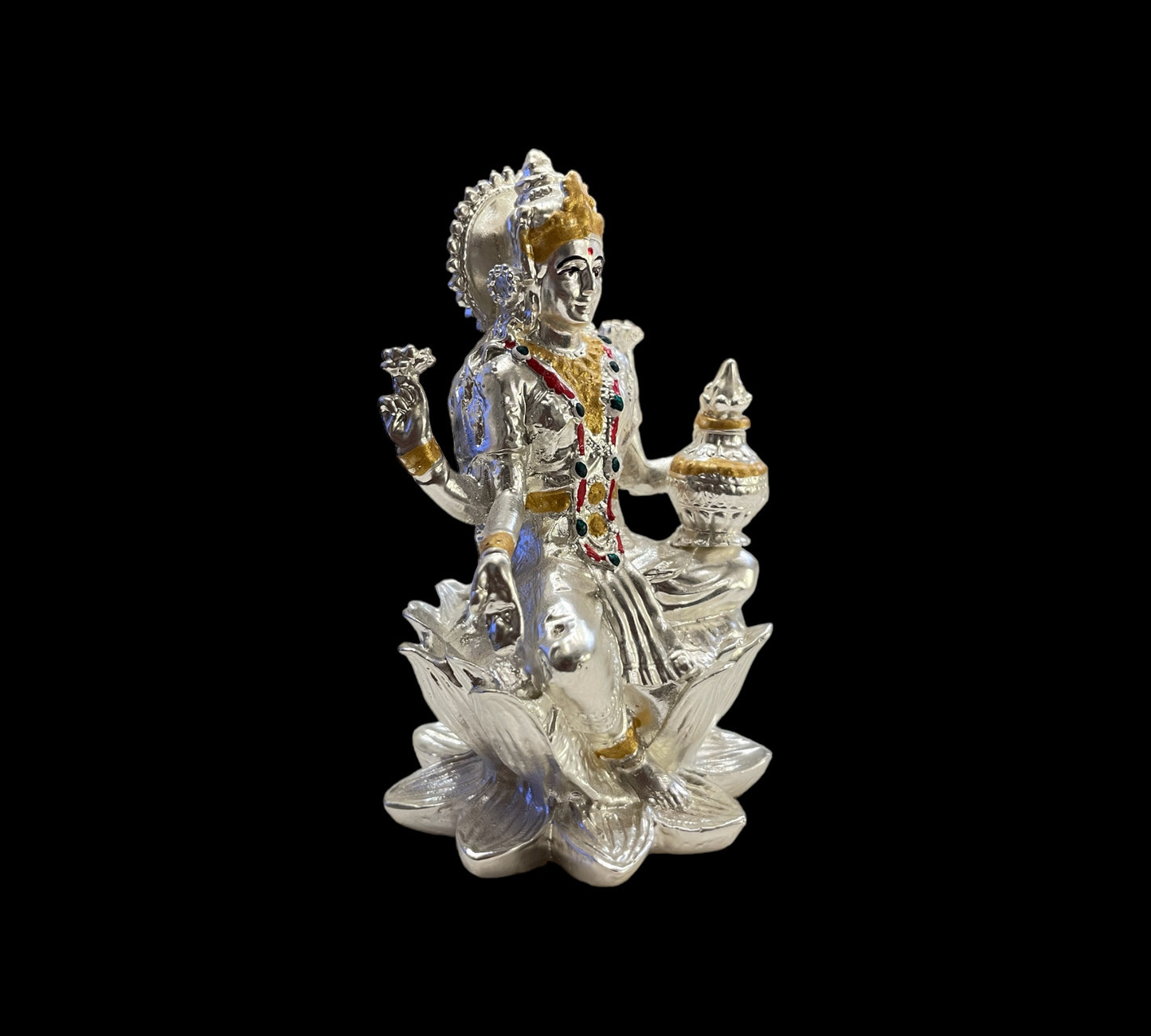 Silver Lakshmi Idol Seated on a Lotus