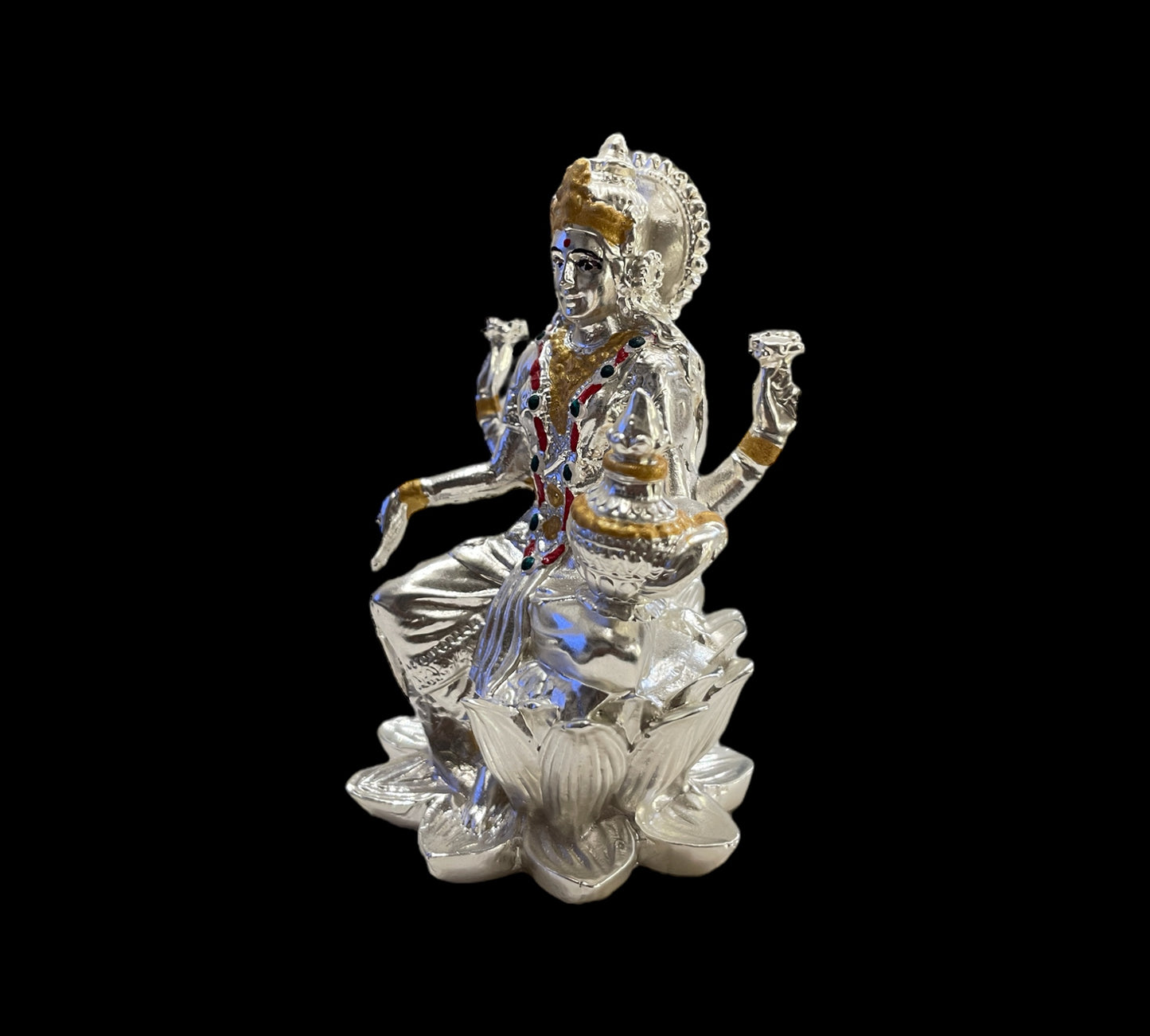 Silver Lakshmi Idol Seated on a Lotus