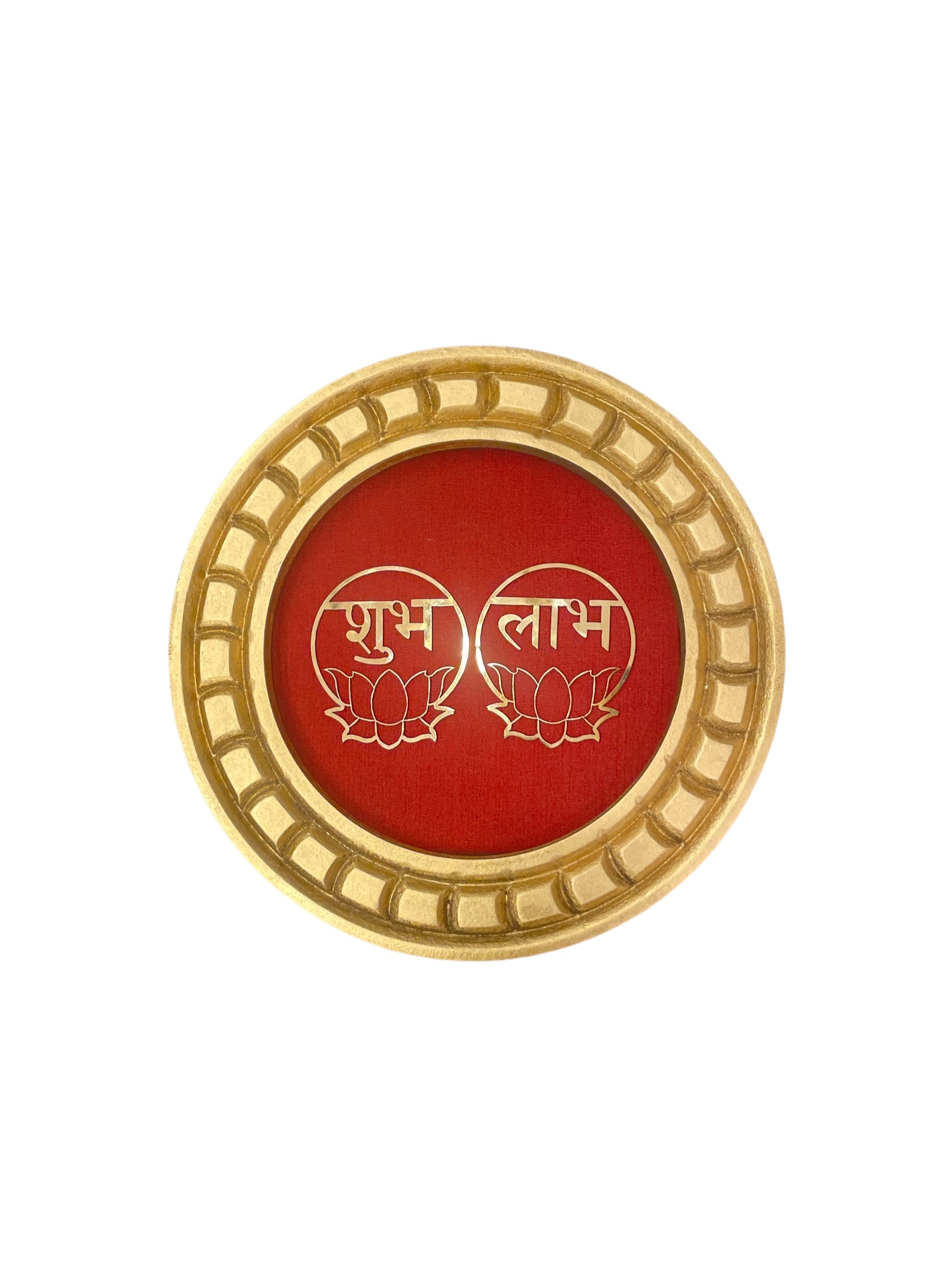 Shubh Labh Golden circular frame with red backdrop