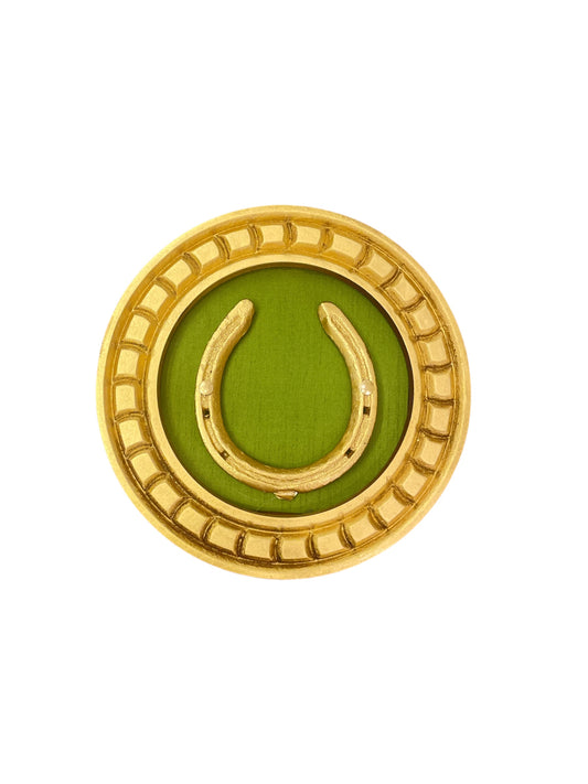 Good Luck Horse Shoe Natural Green silk backdrop carved circular Golden frame