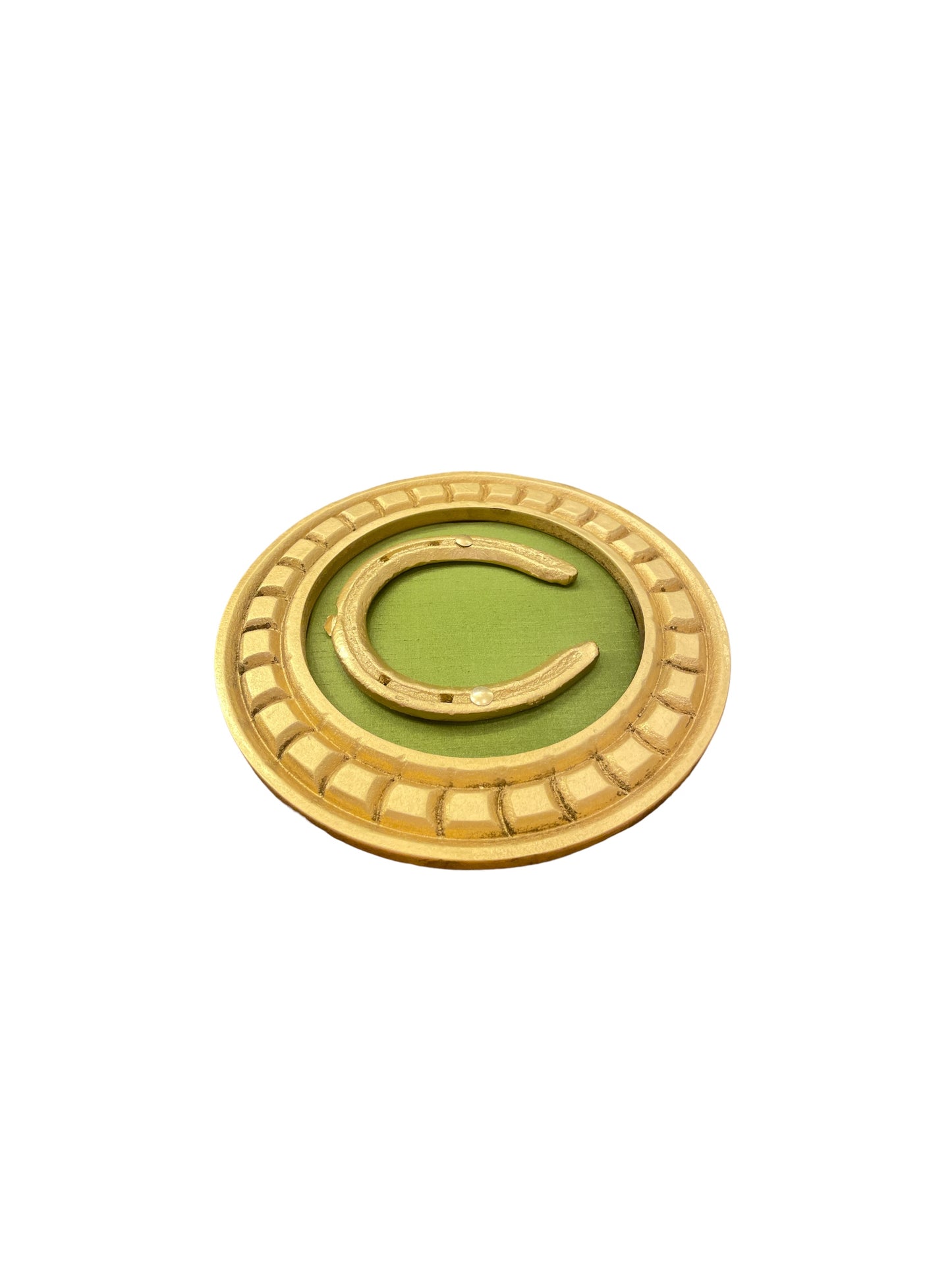 Good Luck Horse Shoe Natural Green silk backdrop carved circular Golden frame