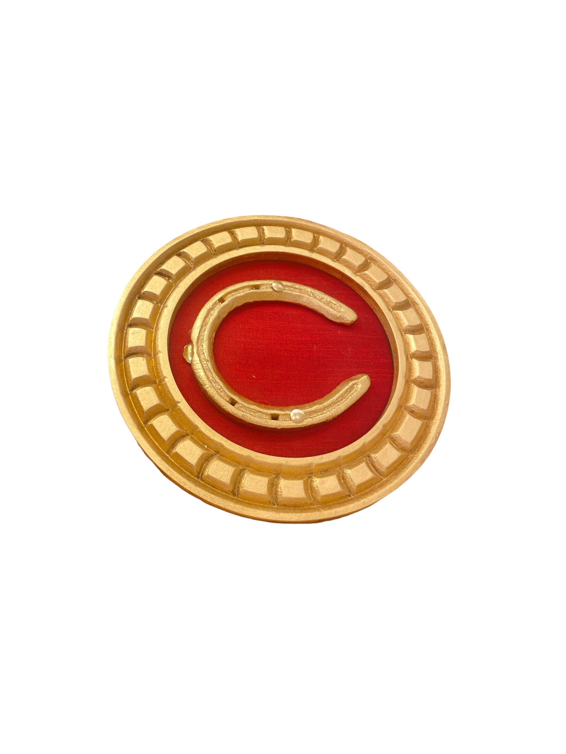Good Luck Horse Shoe Gold with red silk backdrop carved circular Golden frame