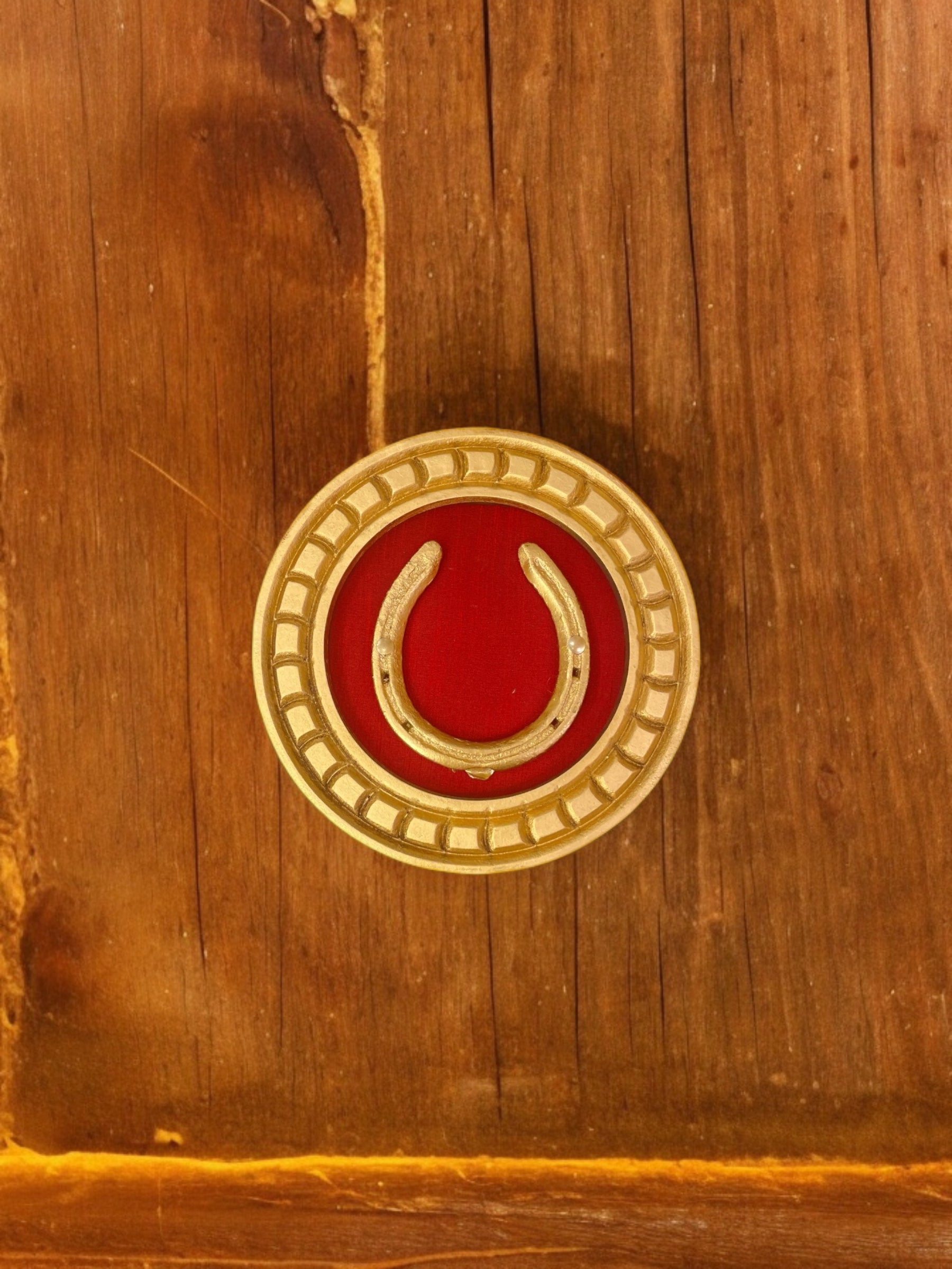 Good Luck Horse Shoe Gold with red silk backdrop carved circular Golden frame