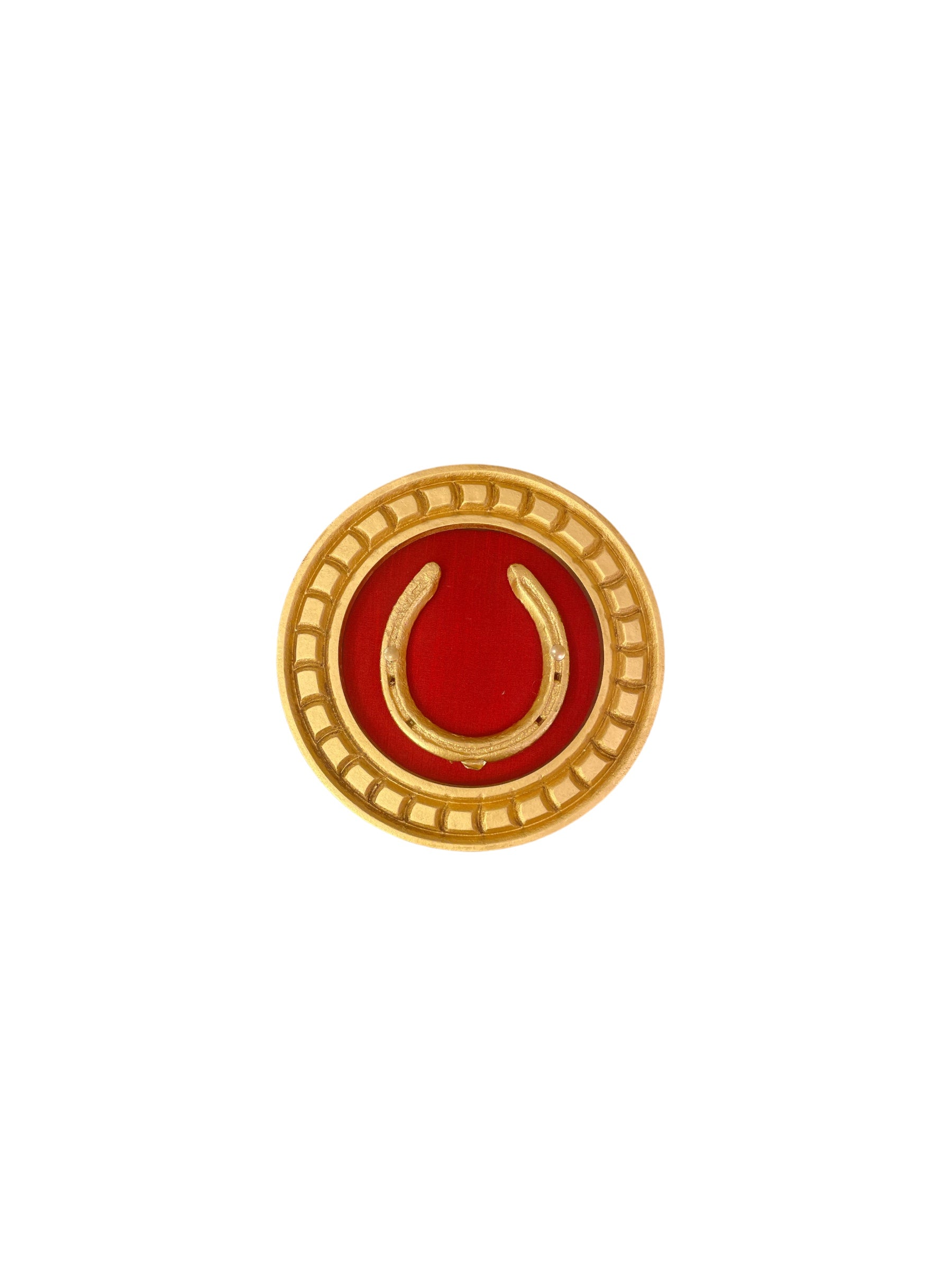 Good Luck Horse Shoe Gold with red silk backdrop carved circular Golden frame