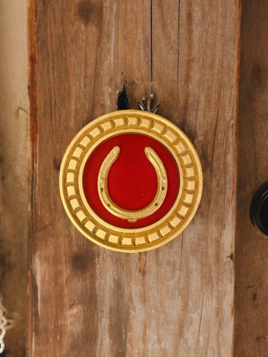 Good Luck Horse Shoe Natural with red silk backdrop carved circular Golden frame