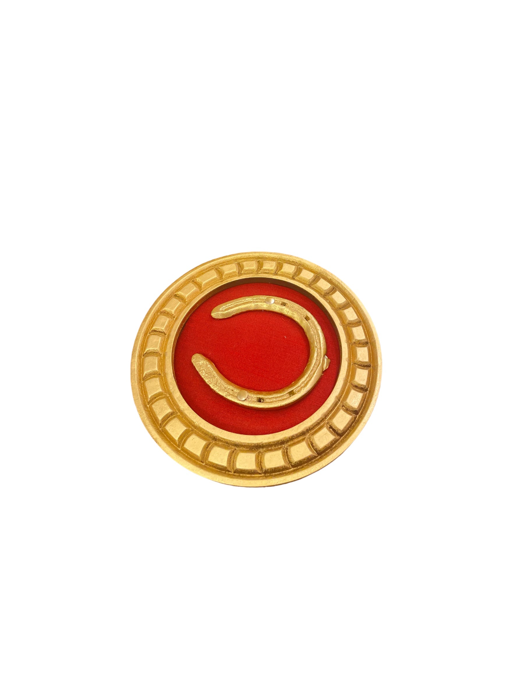 Good Luck Horse Shoe Gold with red silk backdrop carved circular Golden frame