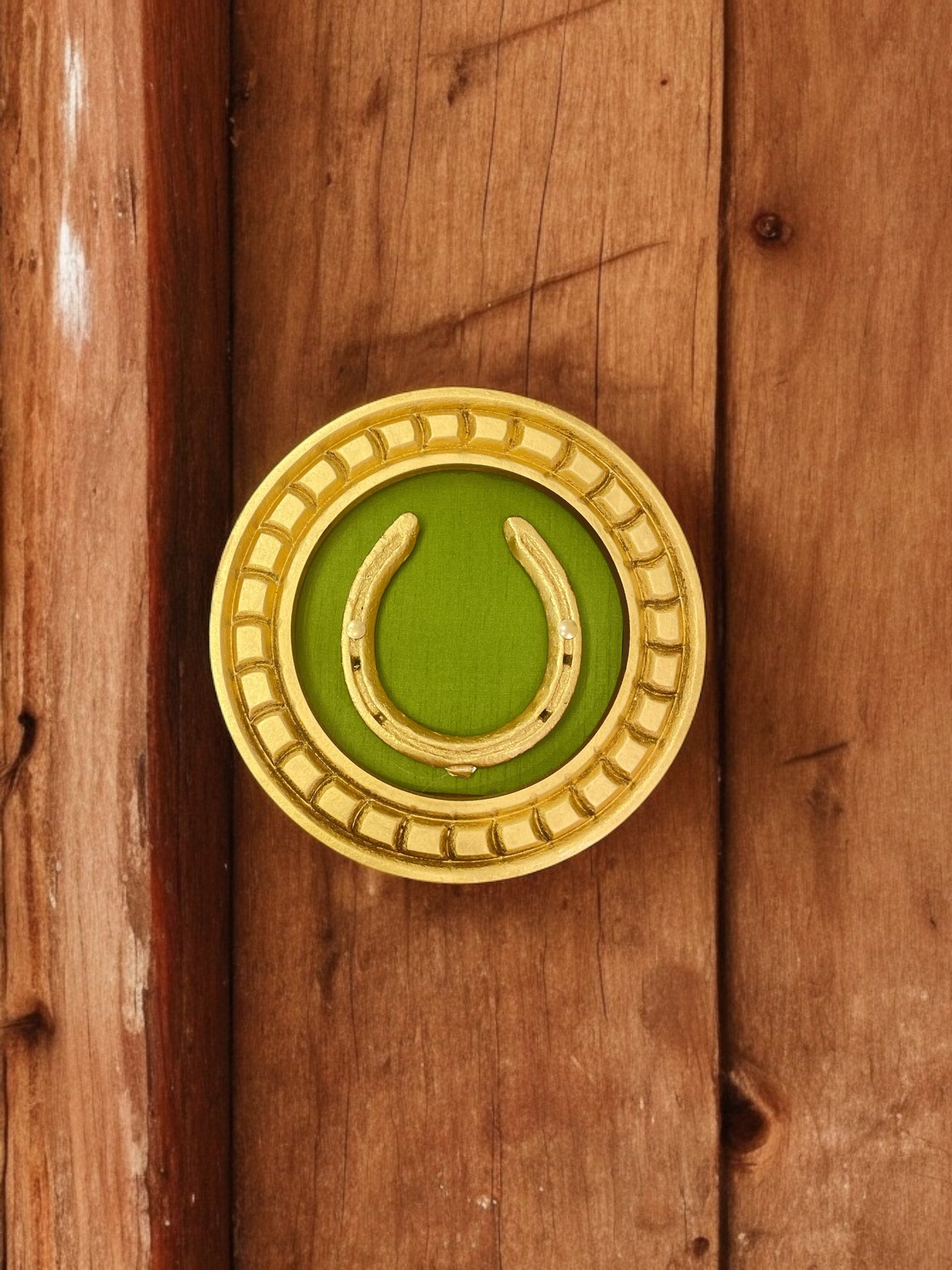 Good Luck Horse Shoe Natural Green silk backdrop carved circular Golden frame