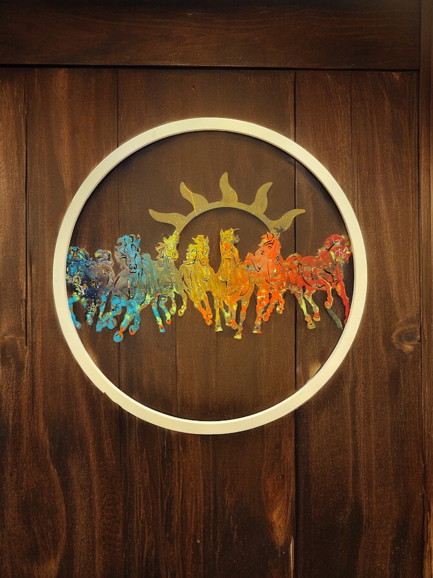 The 7 Running horse color Metal and wooden frame