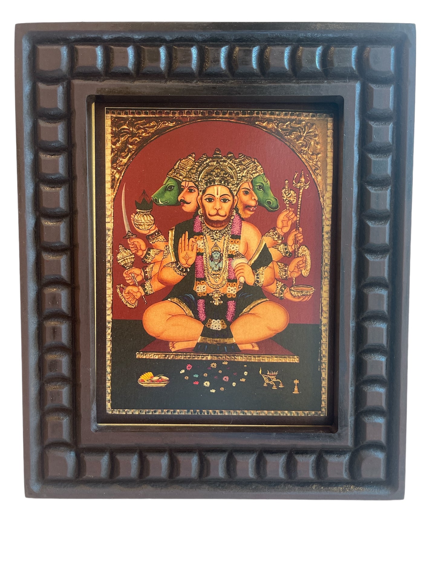 Gold Leafed Art Panchmukhi Hanuman With Wooden Frame