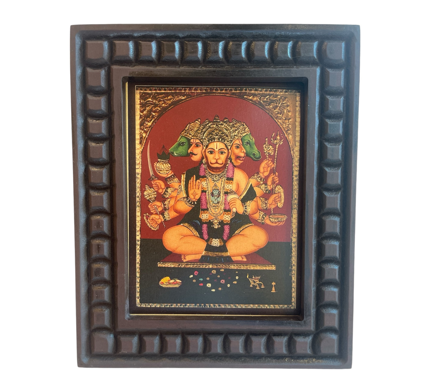 Gold Leafed Art Panchmukhi Hanuman With Wooden Frame