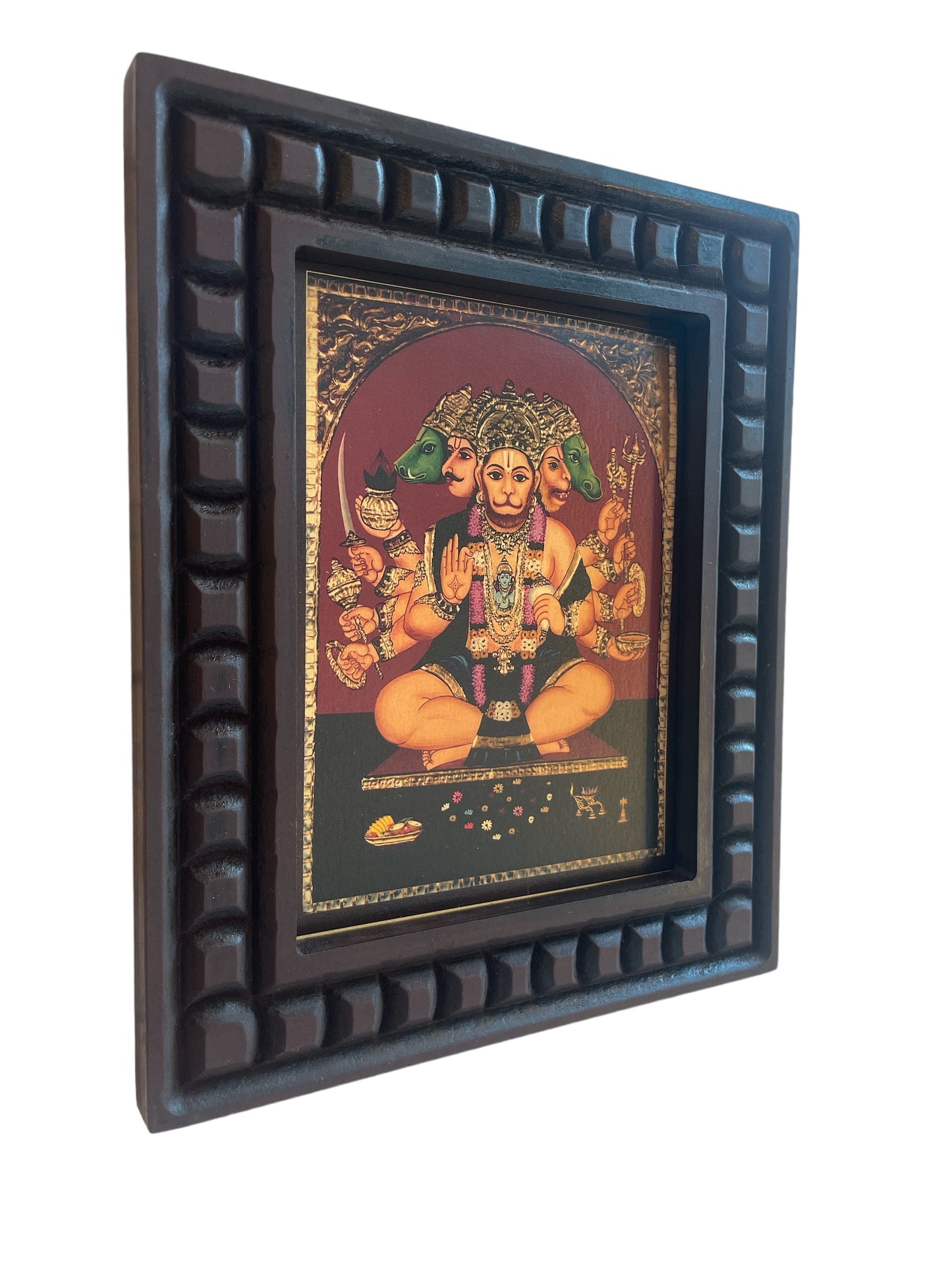 Gold Leafed Art Panchmukhi Hanuman With Wooden Frame