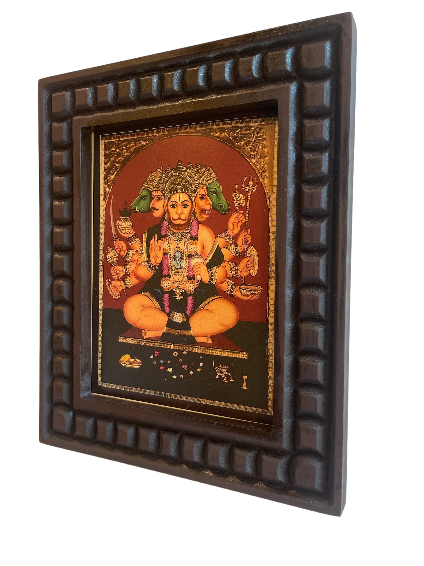 Gold Leafed Art Panchmukhi Hanuman With Wooden Frame