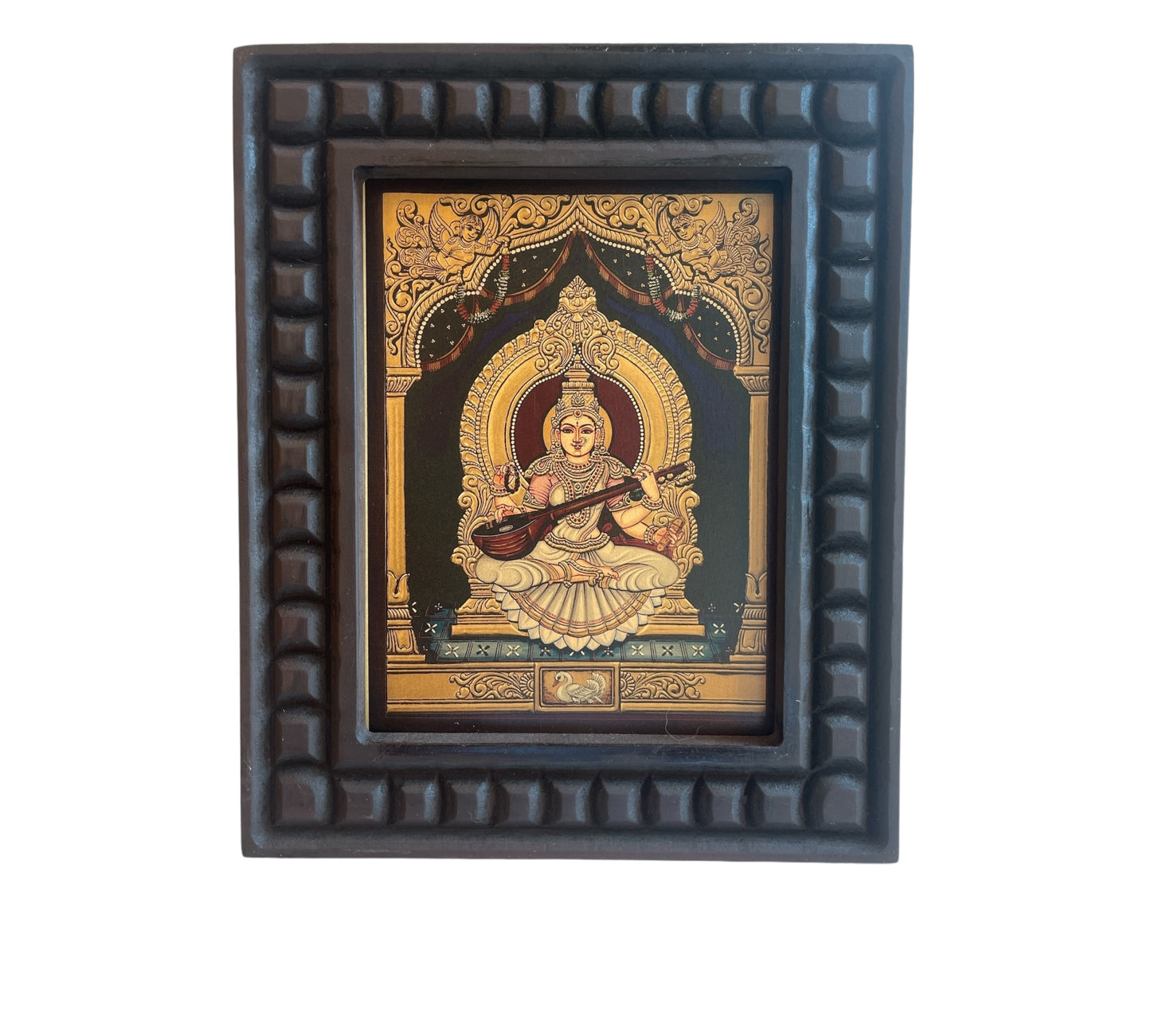 Goddess Saraswati Gold Leafed Art With Wooden Frame