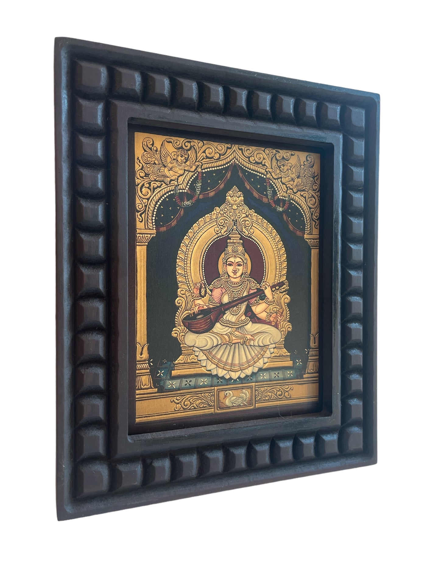 Goddess Saraswati Gold Leafed Art With Wooden Frame