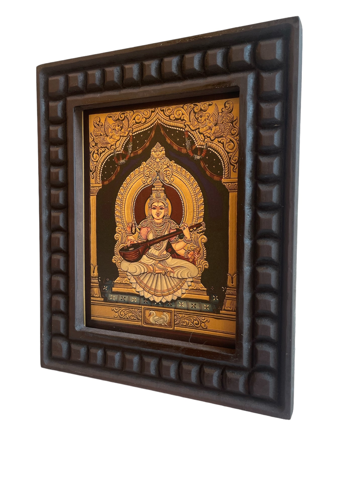 Goddess Saraswati Gold Leafed Art With Wooden Frame