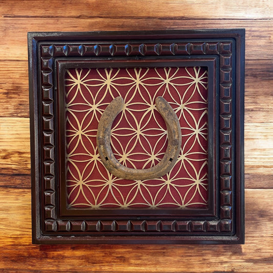 Good Luck Horseshoe With Flower of Life Metal Backdrop and Wine Red Silk, Framed in Waterproof Engineered Wood