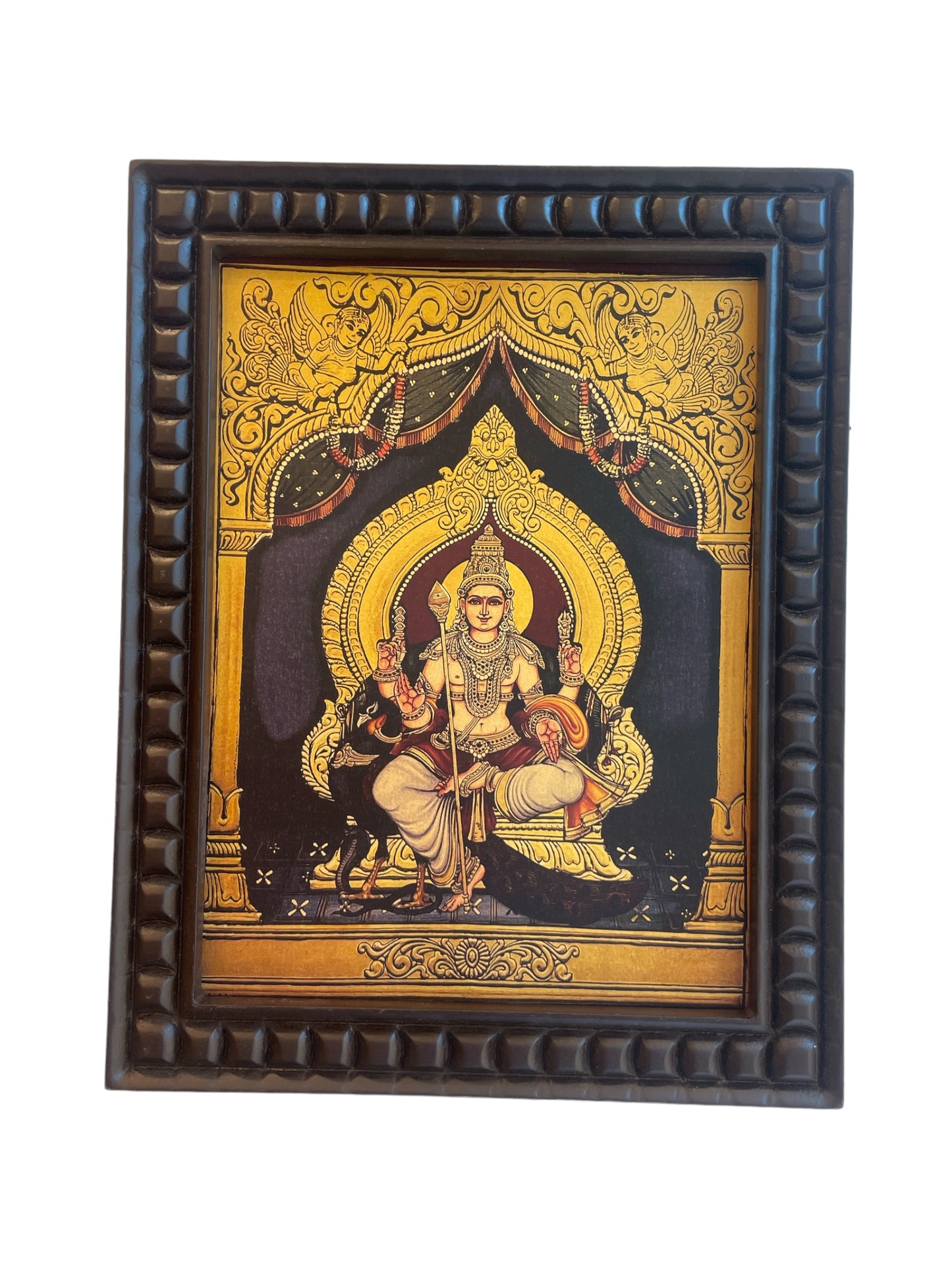 Gold Leafed Art Karthikeya With His Vahan Peacock With Wooden Frame