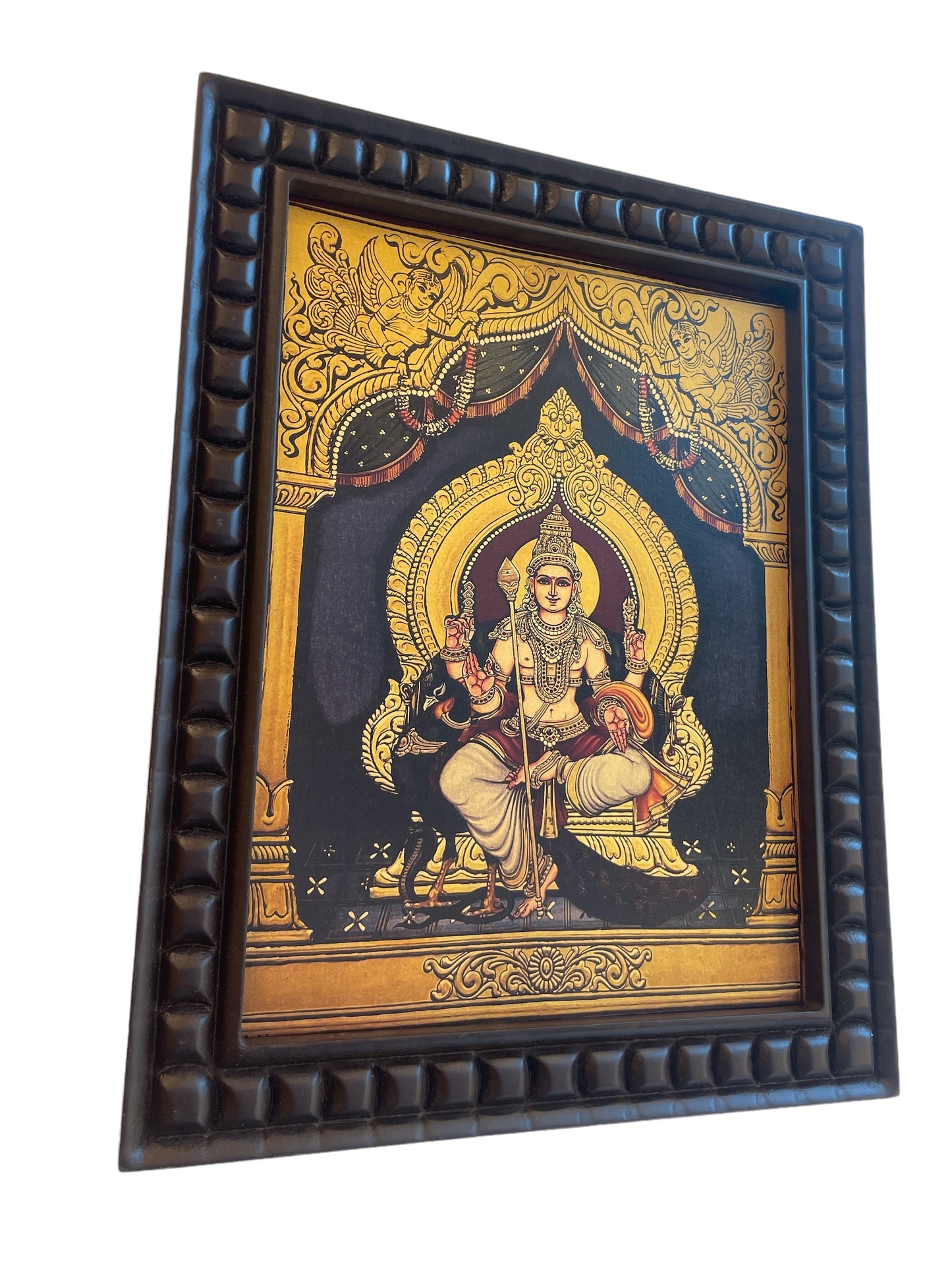 Gold Leafed Art Karthikeya With His Vahan Peacock With Wooden Frame