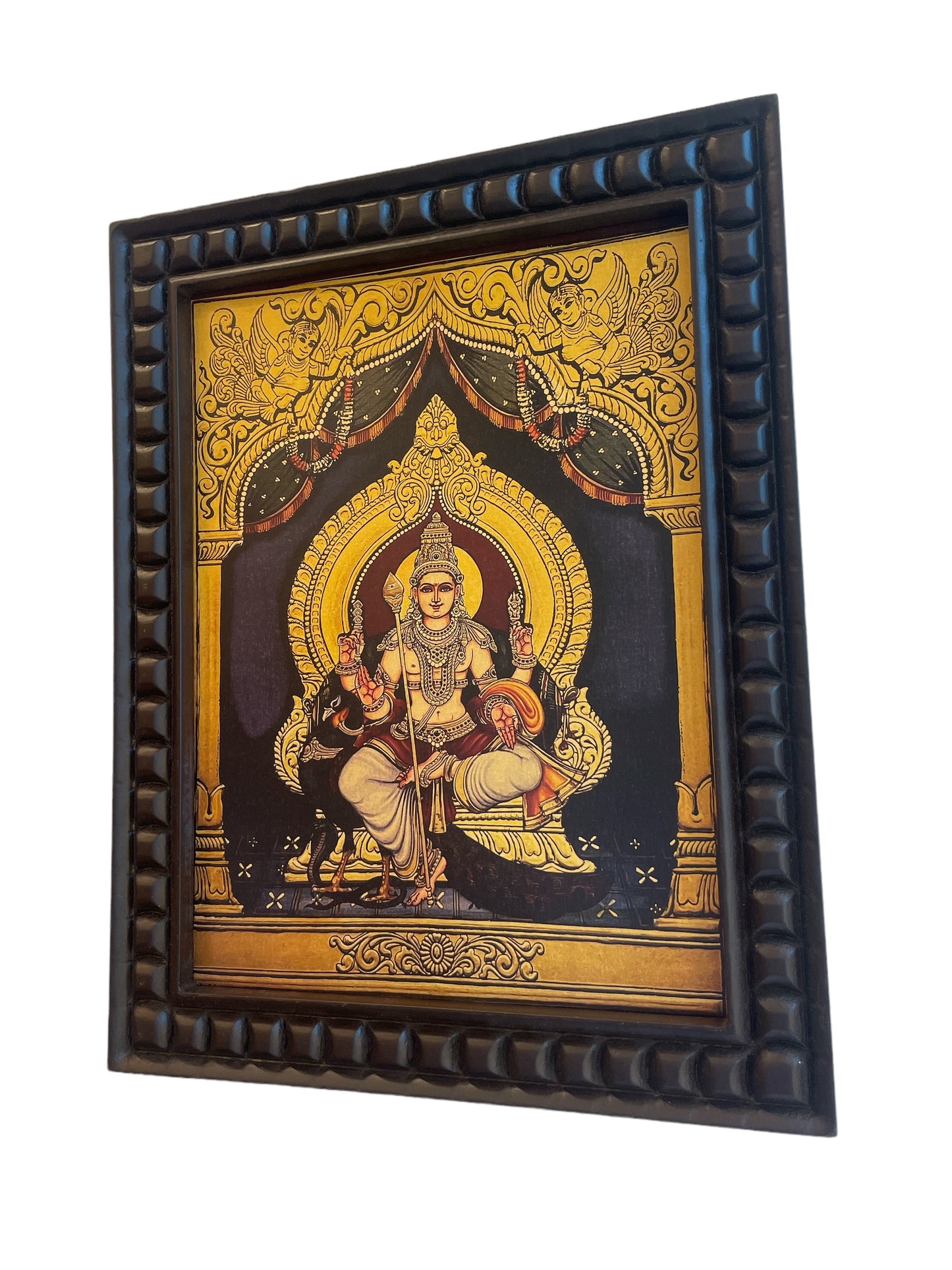 Gold Leafed Art Karthikeya With His Vahan Peacock With Wooden Frame