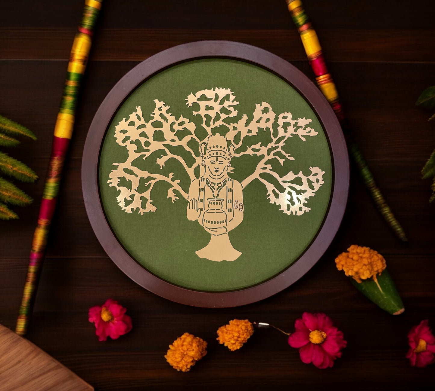 Dhanvantri with Green silk background In Circle Frame