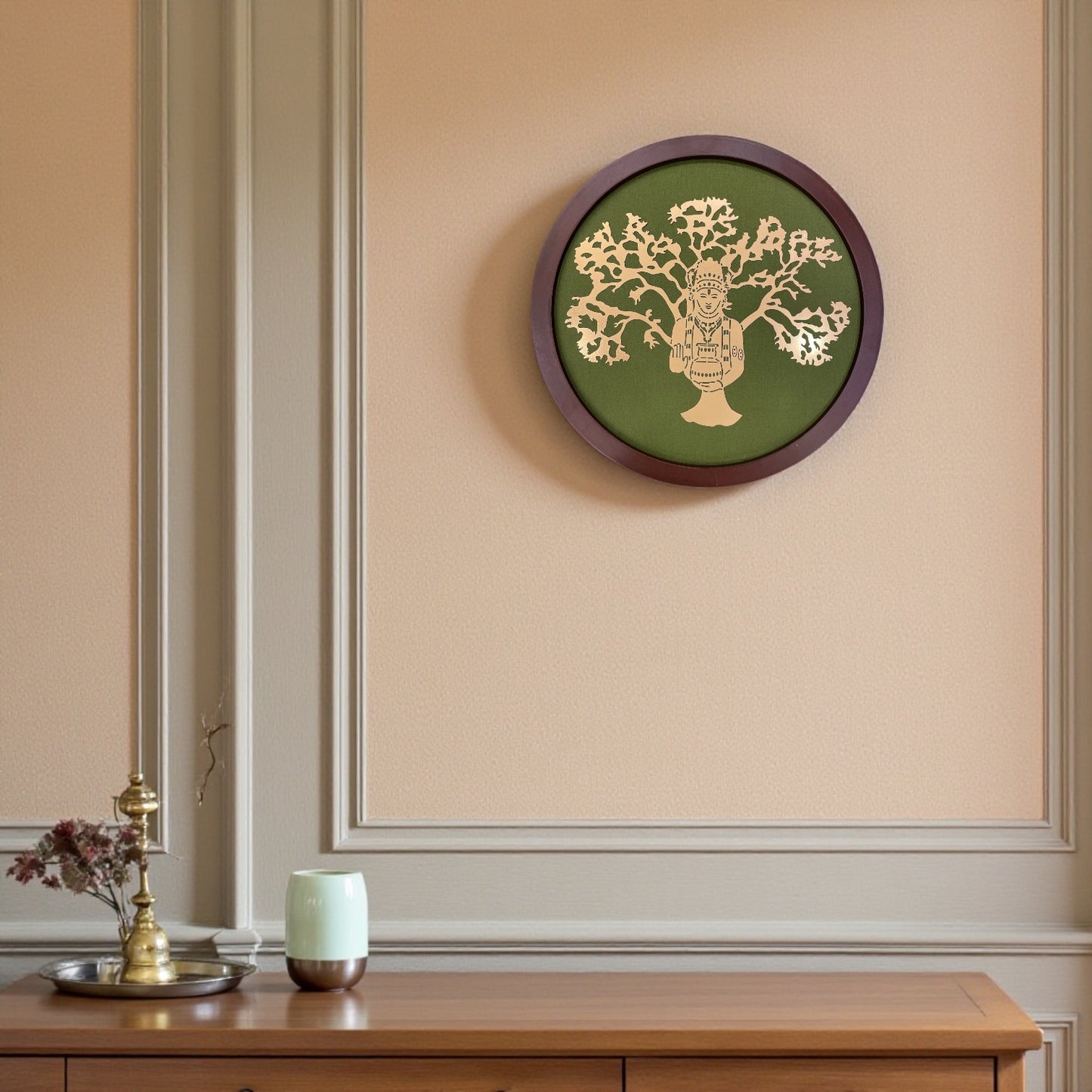 Dhanvantri with Green silk background In Circle Frame