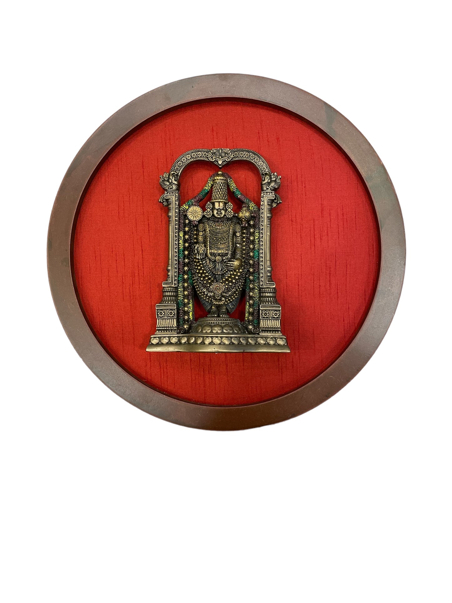 Bronze Venkateshwara Swamy Idol In a Circle Frame With Wine red Silk Background