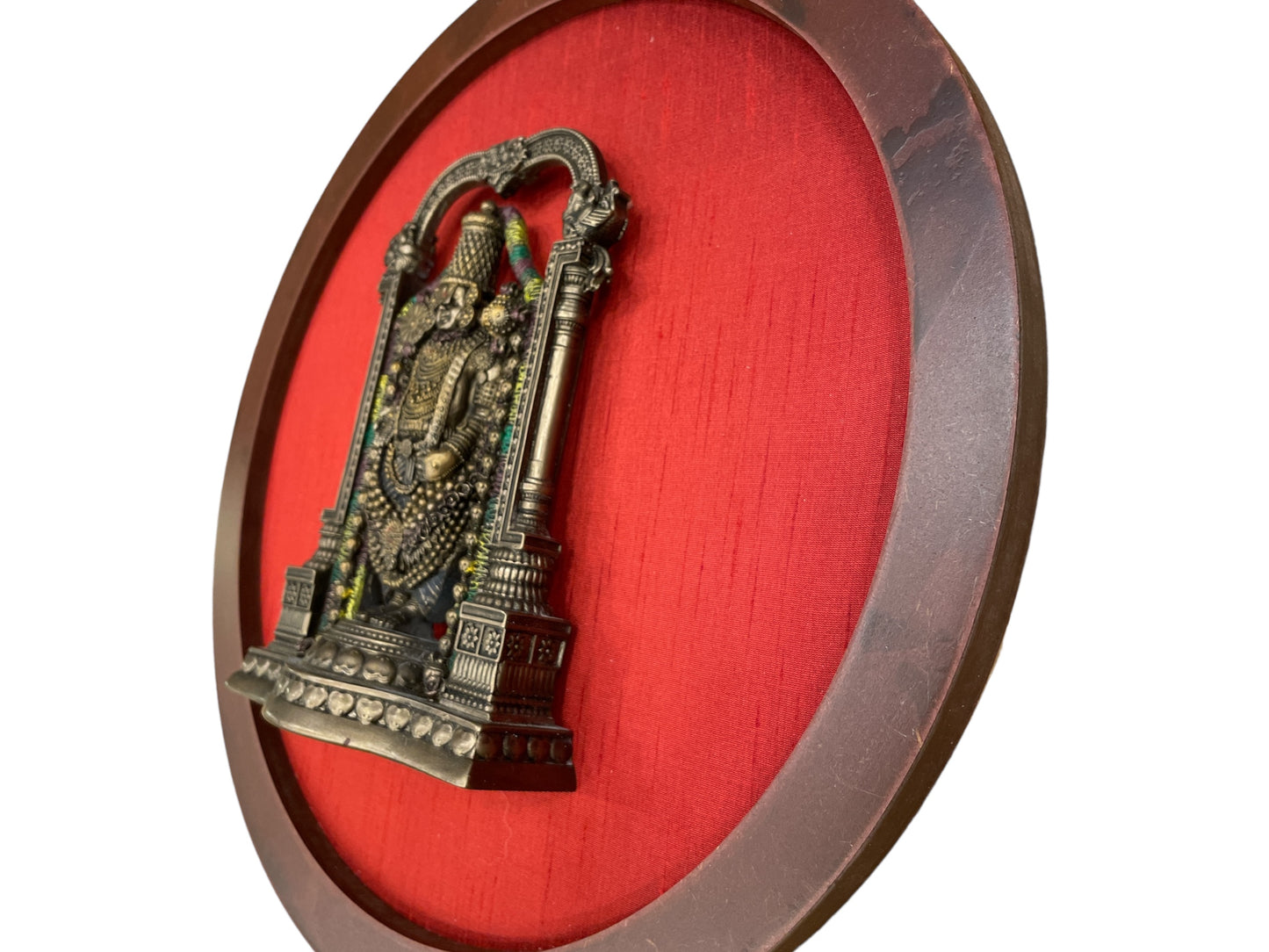 Bronze Venkateshwara Swamy Idol In a Circle Frame With Wine red Silk Background