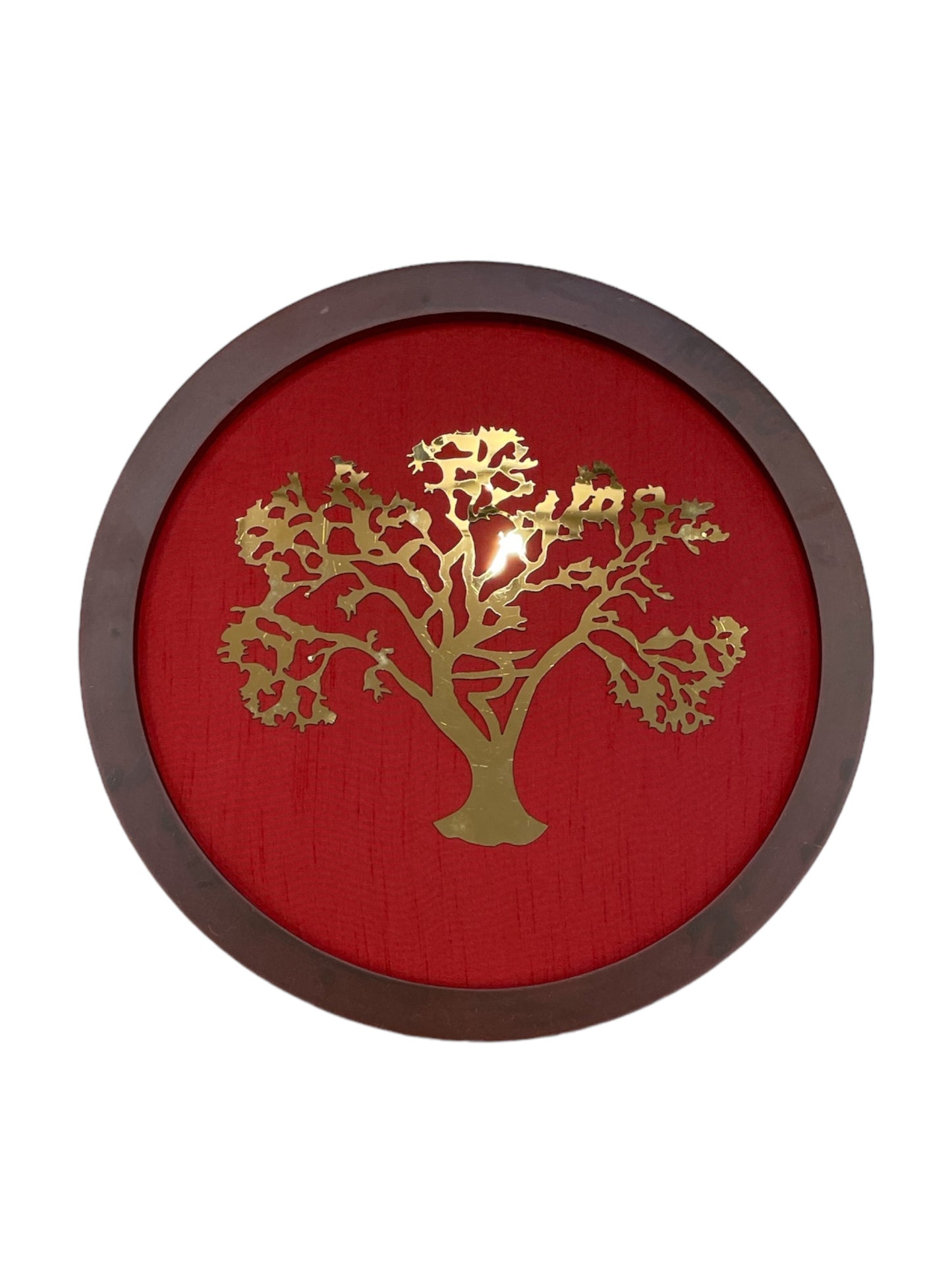 Wishfulfillng Kalpavriksha Tree Metal with Wine Red Silk Background Within a Circular Frame